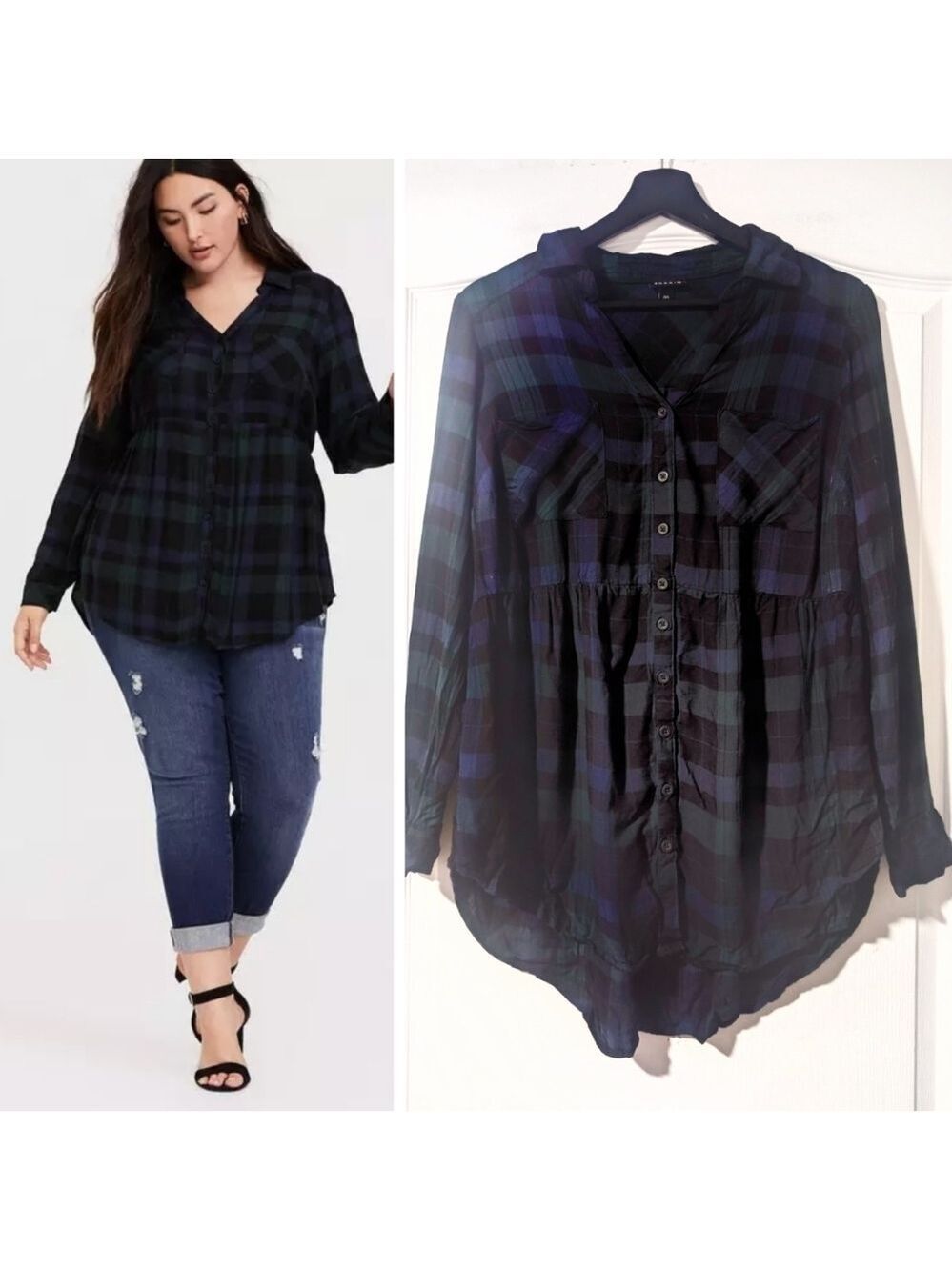 Torrid | Emma Twill Babydoll Tunic In Green & Navy Plaid